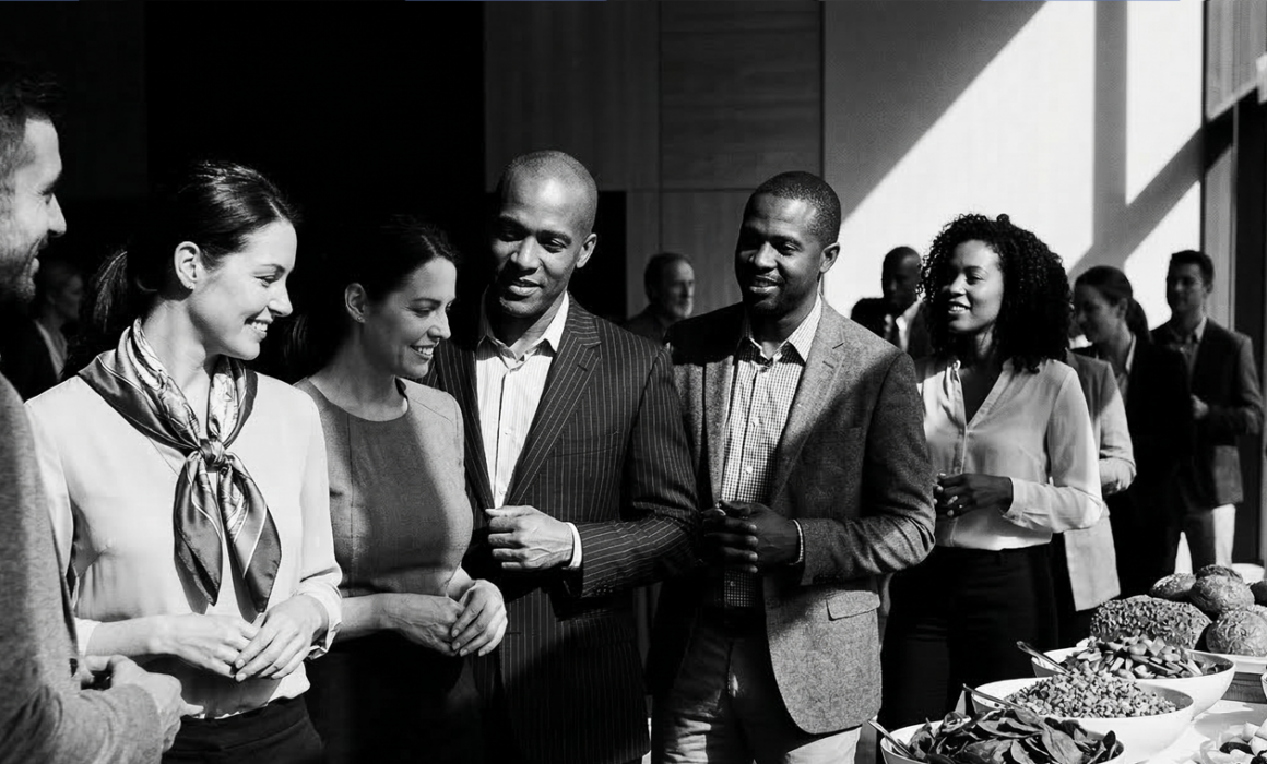 young mixed group of business people at a buffet meeting smiling confidently