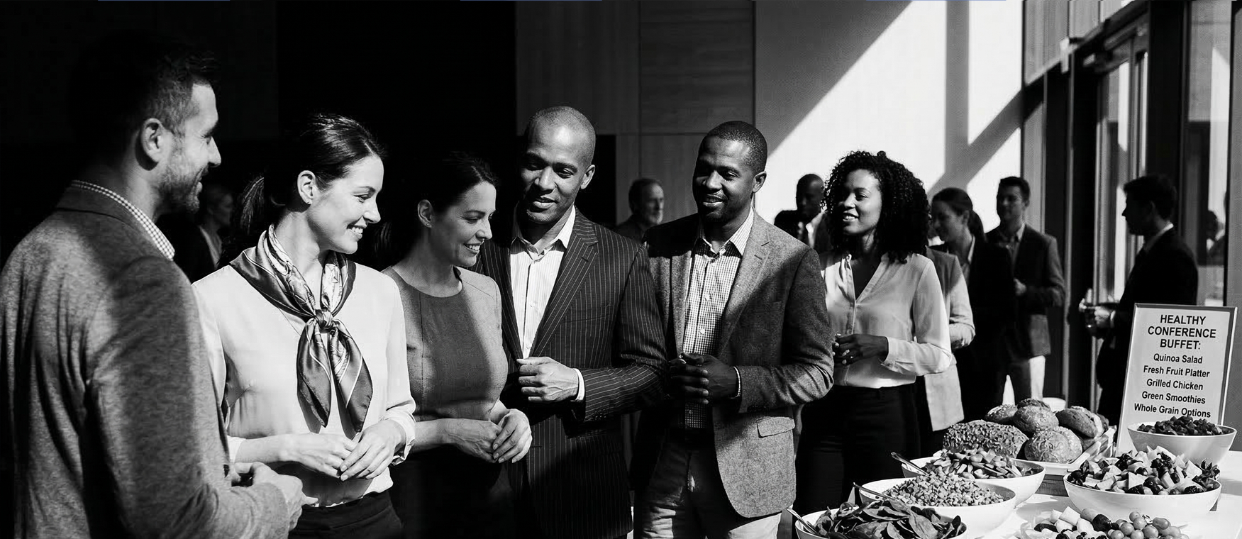 young mixed group of business people at a buffet meeting smiling confidently